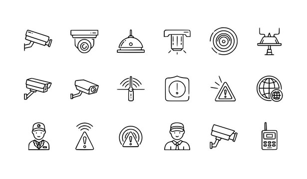 Monitoring and surveillance security icons line vector set