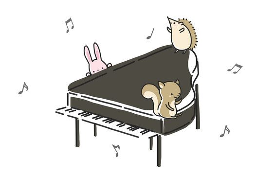 グランドピアノの周りで楽しそうにする動物たち