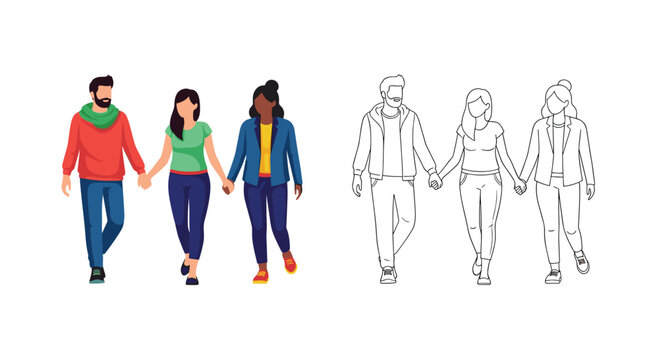 Illustration showcases three diverse friends walking together and holding hands, presented in both full color and line art versions.