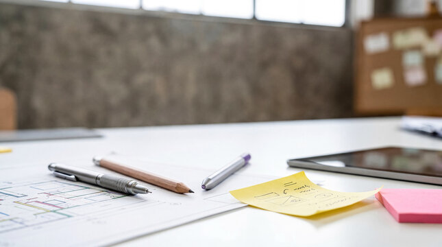 Detailed architectural blueprint or technical drawing spread across a white desk, surrounded by various pens, a pencil.