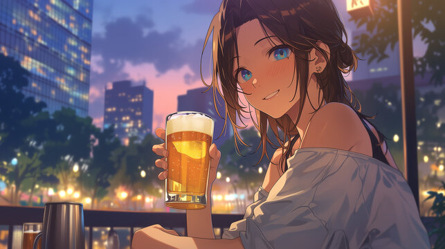 Relaxing evening in the city with a glass of beer, warm night lifestyle scene、夕暮れの都市でビールを楽しむリラックスした時間、ナイトシーンの雰囲気素材