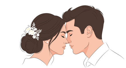 Obraz premium Romantic side profile illustration of a bride wearing floral hair accessories and a handsome groom gently touching their foreheads together.