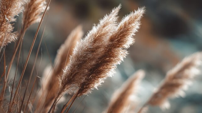 Close up of a feathery brown pampas grass plume catching the soft morning sunlight with delicate water droplets glistening on its feathery tips a gentle breeze rustles the tall wild grass in the