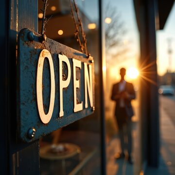 Close up on rustic open sign hanging on shop door. Person stands outside store at sunset. Warm sun rays shine through glass window. Business is ready for customers.