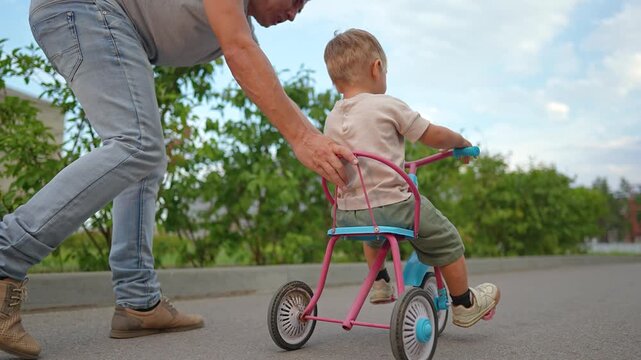 Father pushes little son on tricycle along paved path. Happy family enjoys summer day outdoors. Dad helps boy ride bike. Father teaching kid to ride trike enjoys walking in warm sunny nature.