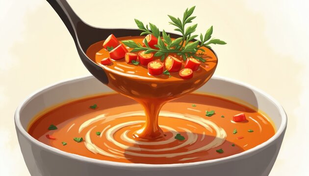 A ladle pours hot soup with chili and herbs into a white bowl. The orange liquid swirls with cream creating a pattern. This meal looks delicious and warming.