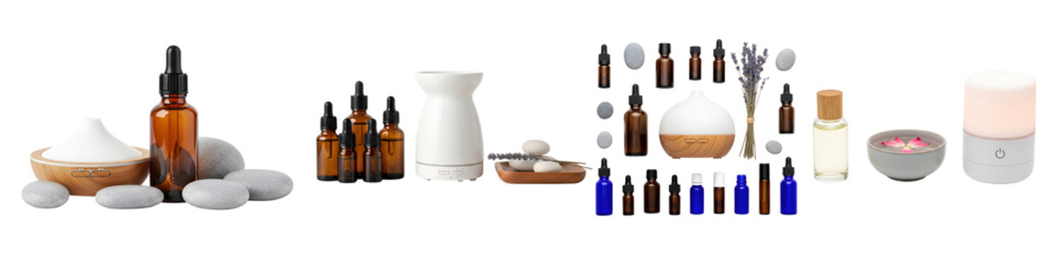 A collection of various essential oil bottles and spa products on transparent background