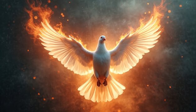 White dove with wings ablaze in fire, symbolizing Holy Spirit. Divine light emanates, representing divine presence and spiritual rebirth. Hope and faith are conveyed.