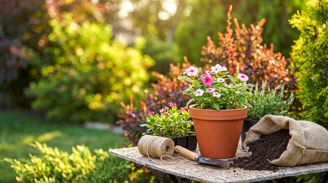Potted pink and white flowers with various gardening tools and soil.
