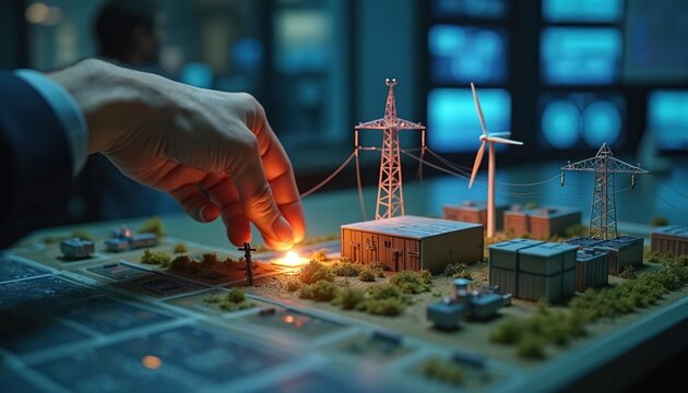 Hand moves project tab across energy grid model showing wind turbines solar panels and battery storage. Planning energy transition control room with monitors in background.