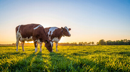 Two brown and white cows graze peacefully in a vast green pasture at stunning golden hour sunset. © Rowdie