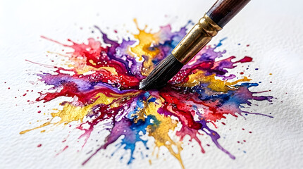 Obraz premium Ignite your creativity this World Art Day A vibrant watercolor splash, dynamically painted by a brush, symbolizes the boundless joy and expressive beauty of artistic creation