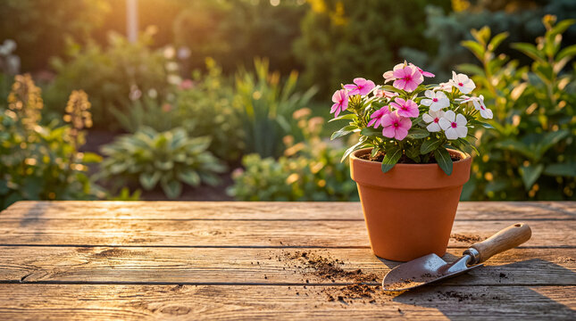 Potted vibrant pink and white blooming flowers sit on a rustic wooden table, bathed in the warm.