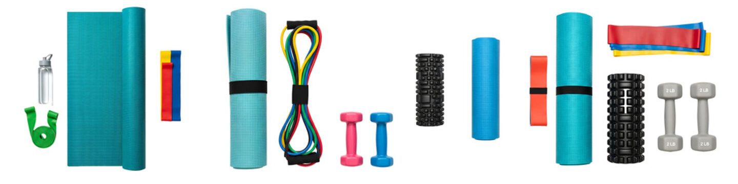 A collection of various fitness equipment on transparent background