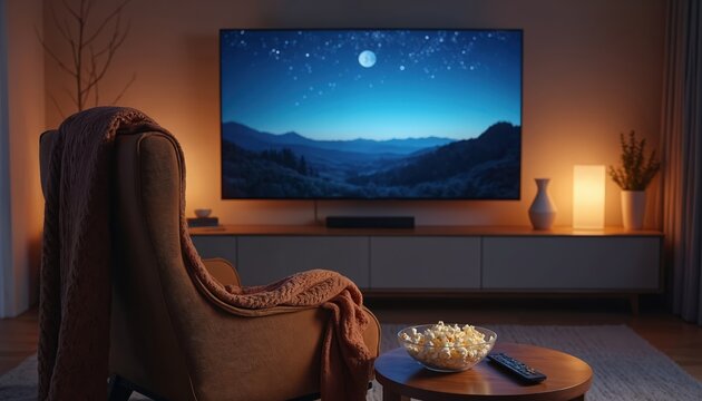Empty armchair with blanket and popcorn bowl sits before a large TV screen displaying a night landscape. A remote control rests nearby, set for movie night relaxation in a cosy room.