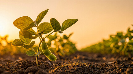 Vibrant young soybean plant with lush green leaves and developing pods, growing in rich soil during golden sunrise. © Rowdie