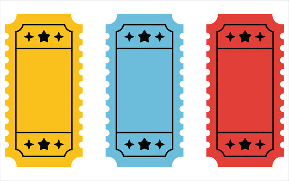 Three blank rectangular tickets in yellow, blue, and red with star