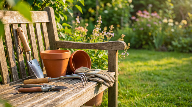 Gardening tools and terracotta pots neatly arranged on a weathered wooden bench in a sunlit garden setting.