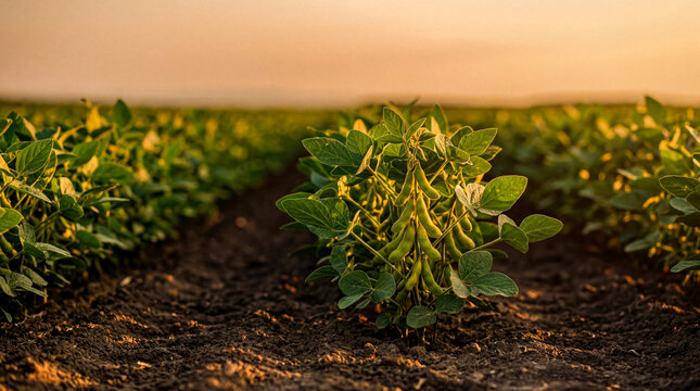 Lush green soybean plants thriving in a vast agricultural field under a warm, golden sunset sky at harvest time.