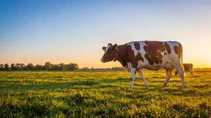 Fotobehang Koe Brown and white dairy cow gracefully walking through a sun-kissed green pasture during a beautiful golden sunset.  © Rowdie
