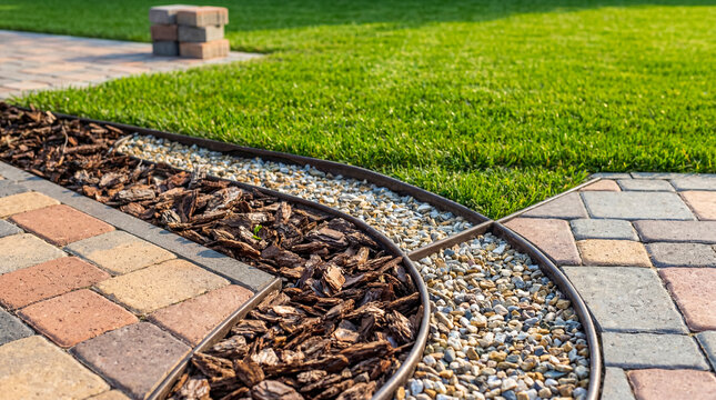 Curved garden borders neatly separating patio pavers, bark mulch, decorative pebbles, and lush green grass.