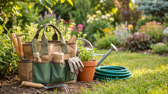 Gardening tools, hose, and a potted plant neatly arranged on lush green grass in a sunlit garden.