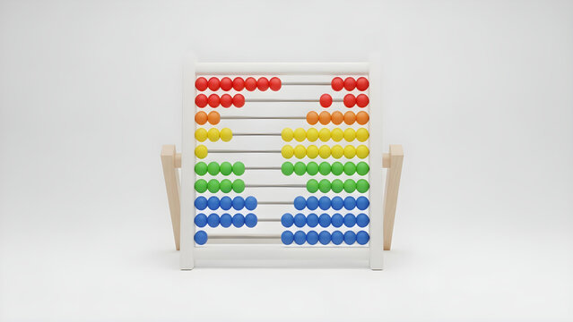 A wooden abacus with colorful beads on a white surface indoors