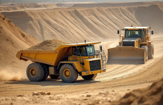 Heavy yellow dump truck loaded with sand moves on dusty construction site. Bulldozer levels ground in background. Industrial quarry operation.