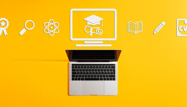 Online education concept with graduation and curriculum vitae icons