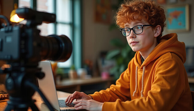 Young boy with curly red hair wears glasses, types on laptop. Professional camera on tripod films teen. Boy looks focused, engaged in activity.