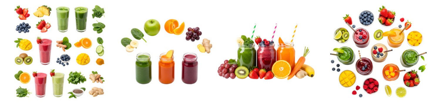 A vibrant collection of colorful smoothies and juices made with fresh fruits and vegetables on transparent background