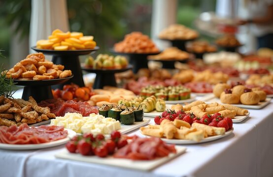 Buffet table loaded with diverse appetizers. Features cold cuts, cheeses, stuffed peppers, mini pizzas, foccacia, and fresh fruit. Ideal for events, parties, and catering services.