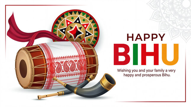 Happy bihu festival greeting with assamese traditional dhol, jaapi, pepa, and gamosa
