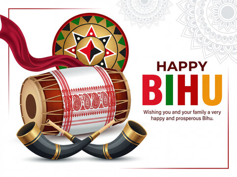 Happy bihu festival greeting with traditional assamese cultural symbols like japi, dhol, pepa, and gamosa