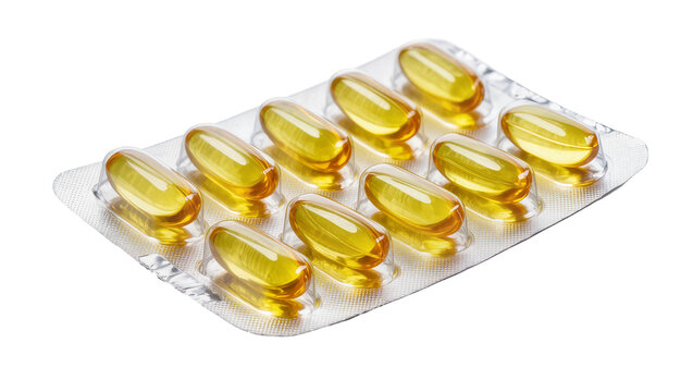 Ten translucent yellow oval softgel capsules in a blister pack, isolated on transparent background