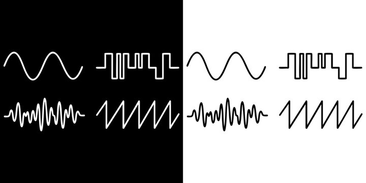 Versatile vector graphic illustration showcasing fundamental waveform types, including sine, square, complex, and sawtooth signals, for various electronic and audio applications.