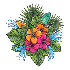 Vibrant tropical surf arrangement featuring colorful hibiscus flowers, lush palm leaves, and dynamic water splashes, perfect for summer vacation and beach-themed designs © Manifesti
