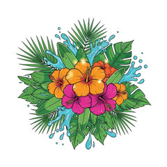 Vibrant Hawaiian Hibiscus Flowers and Tropical Leaves Bursting with Water Splashes, Representing Exotic Summer Paradise © Manifesti