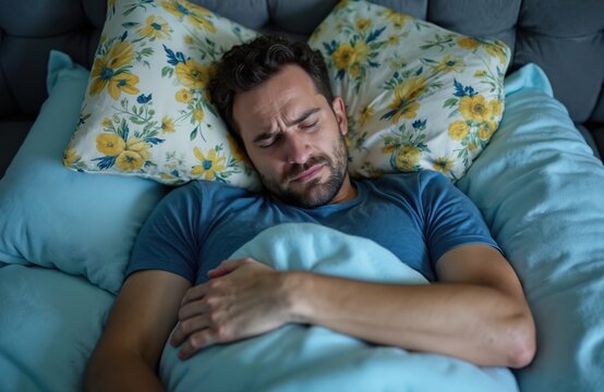 Man in bed tries to sleep but looks distressed, uncomfortable. Covered with light blue blanket. Pillows surround head with floral patterns, solid light blue colors. Face shows signs of frustration,