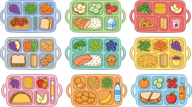 Set of school lunch boxes with healthy balanced meals, children's food trays, flat vector illustration collection.
