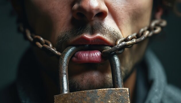 Man wears rusty chain and padlock on mouth. Closed lips struggle against metal lock. Concept of censorship suppression fear and loss of voice.