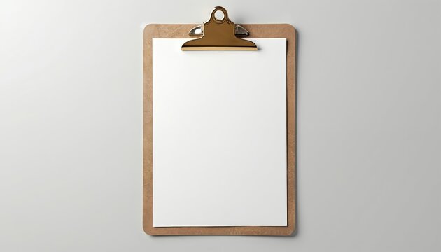 Minimalist gold clipboard with blank white paper sheet. Simple overhead shot shows empty space for text or design on neutral background. Useful for mockups, planning, notes.