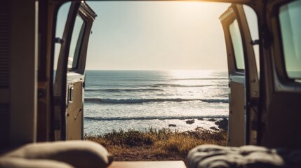 Naklejka premium Camper van with open doors facing ocean, van in sharp focus, waves and horizon softly blurred, bright sunlight, concept of freedom lifestyle