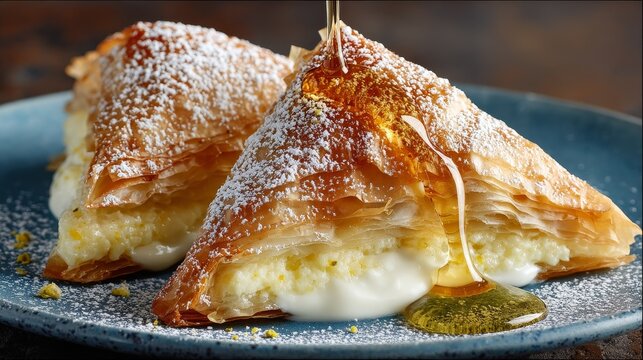 Ricotta and orange blossom bougatsa triangles with creamy citrus filling in crispy phyllo, dusted with sugar and cinnamon, elegant homemade pastry dessert