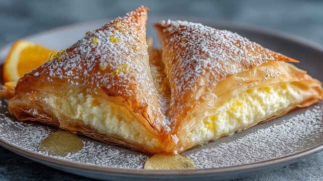 Ricotta and orange blossom bougatsa triangles with creamy citrus filling in crispy phyllo, dusted with sugar and cinnamon, elegant homemade pastry dessert