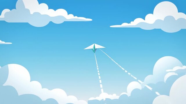 Paper airplane soaring through fluffy clouds in a bright blue sky.