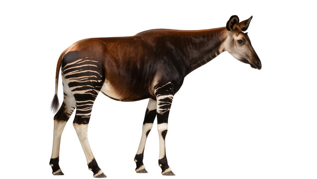 Brown okapi with striped legs, isolated on transparent background