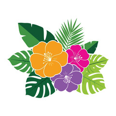 Vibrant tropical floral arrangement with lush green foliage, exotic hibiscus blooms in orange, pink, and purple, perfect for summer and vacation themes © Manifesti