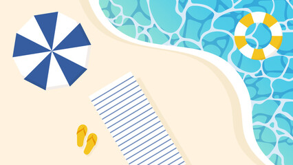 夏の海のイラスト　砂浜　ビーチパラソル　うきわ © kona Graphics