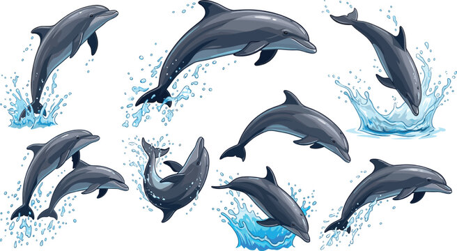 Dolphin jumping from water collection, marine animal set in various poses, flat vector CAD drawing illustration